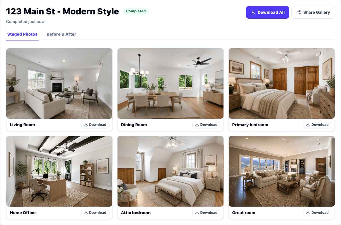 Completed listing gallery with Download All and per-photo download buttons